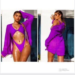 Purple Oversized Long Sleeve Matte Collection Sheer Swimwear Coverup Medium
